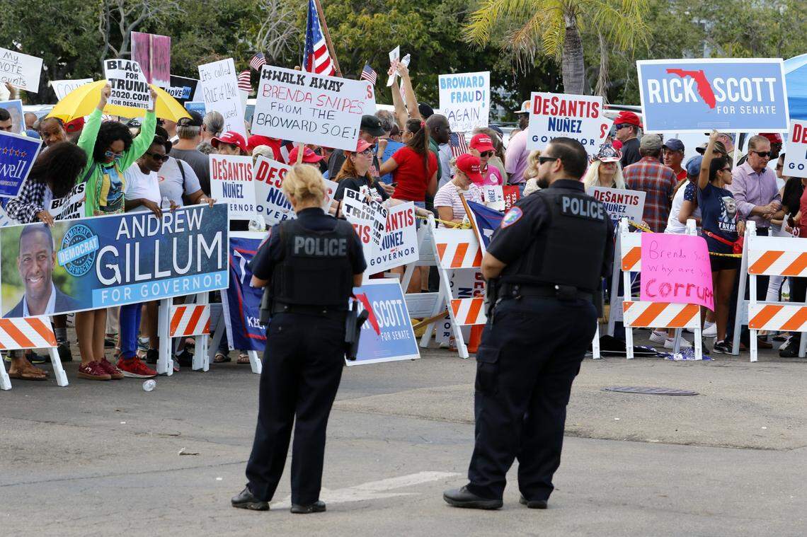 Protesters demonstrate outside the Broward County Supervisor of Elections office on November 10, 2018 in Lauderhill, Florida.