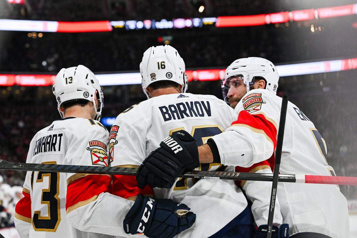 Nov 30, 2023; Montreal, Quebec, CAN; Florida Panthers center Aleksander Barkov (16) celebrates his goal against the Montreal Canadiens with his teammates during the second period at Bell Centre.