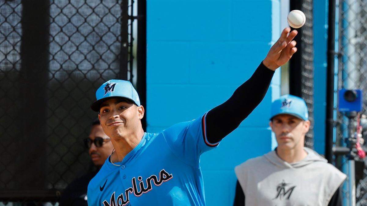 Miami Marlins Jesus Luzardo (44) pitches during Miami Marlins pitchers and catchers spring training workout at Roger Dean Chevrolet Stadium in Jupiter, Florida on Thursday, February 15, 2024.