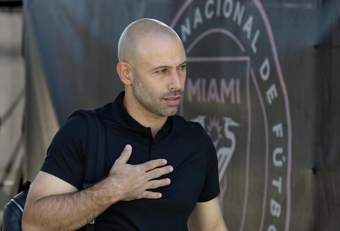 Inter Miami head coach Javier Mascherano arrives to Chase Stadium before the of their MLS match against FC Dallas on Sunday, April 27, 2025, in Fort Lauderdale, Fla.