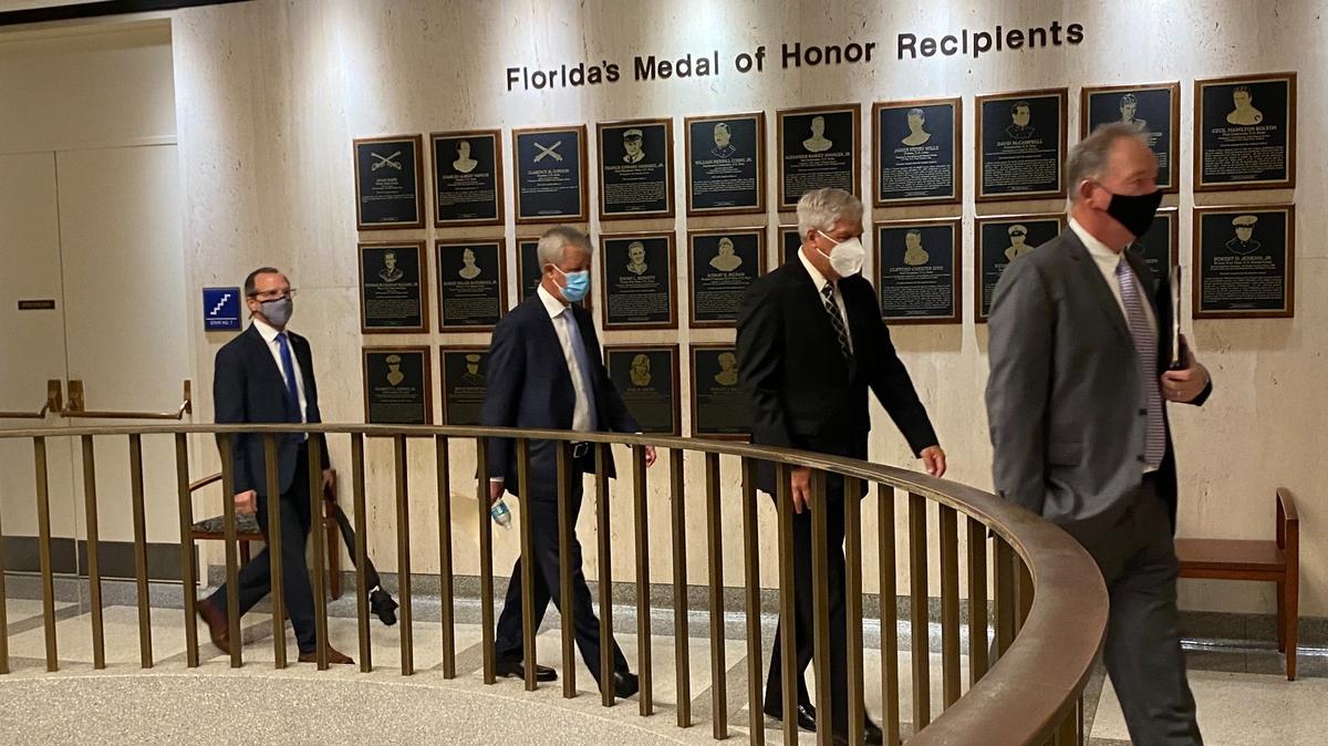 Pat Rooney, president of the Palm Beach Kennel Club, far right, leads a group of gambilng executives to the governor’s office on Thursday, March 18. Gov. Ron DeSantis invited the principals of Florida’s 26 remaining parimutuels to meet with him and Senate President Wilton Simpson as they draft gambling legislation, including a measure to give a gaming permit to the Fountainebleau Hotel in Miami Beach.