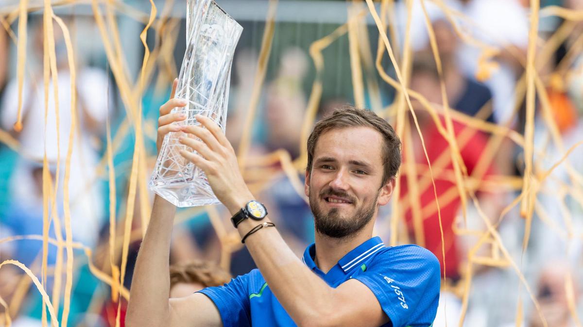 Daniil Medvedev of Russia holds his trophy after defeating Jannik Sinner of Italy during the Men’s Final of the Miami Open tennis tournament at Hard Rock Stadium on April 2, 2023, in Miami Gardens, Fla.