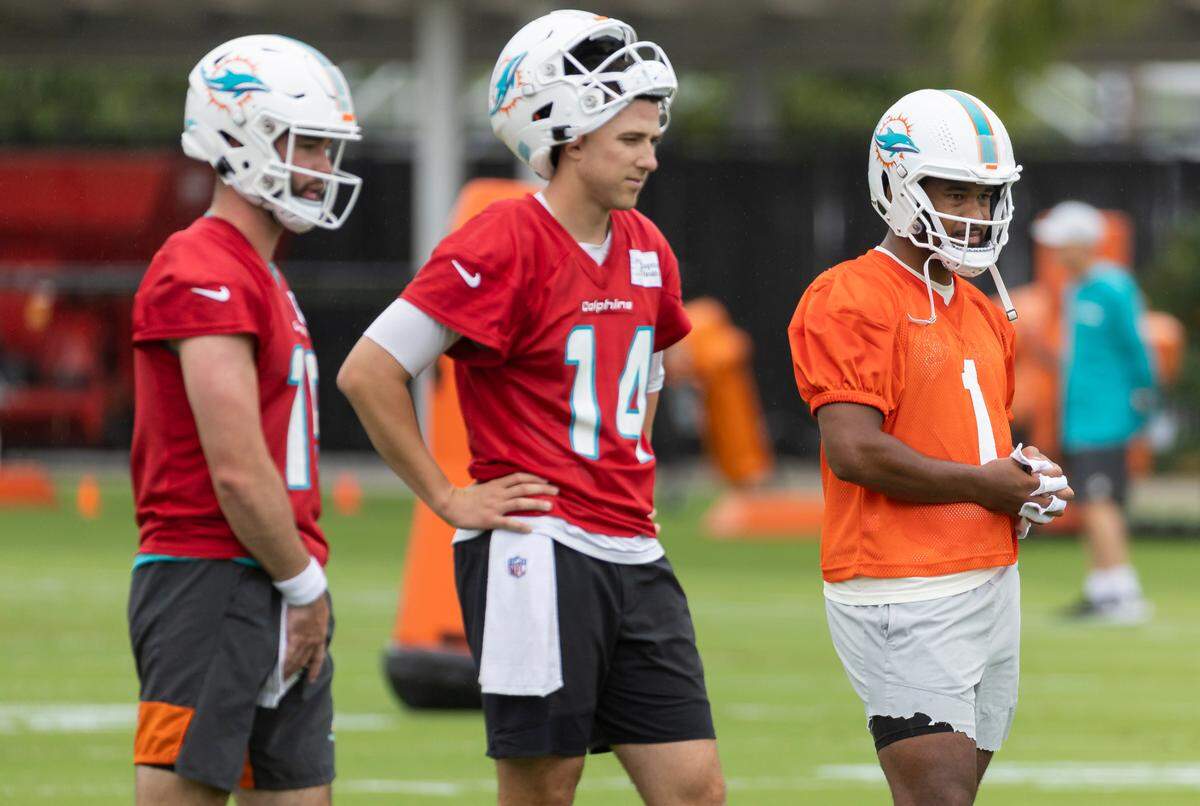 Miami Dolphins quarterbacks Skylar Thompson (19), Mike White (14) and Tua Tagovailoa (1) look on during team practice at the Baptist Health Training Complex on Tuesday, June 6, 2023, in Miami Gardens, Fla.