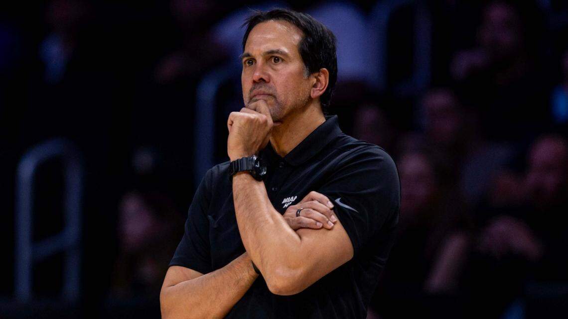 Miami Heat coach Erik Spoelstra looks on during the second half of an NBA game against the Orlando Magic at Kaseya Center on January 27, 2025, in Miami.