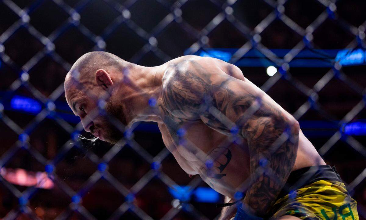 Jean Silva of Brazil reacts after he defeated Bryce Mitchell of the United States in their featherweight bout during UFC 314 at the Kaseya Center on Saturday, April 12, 2025, in downtown Miami, Fla.