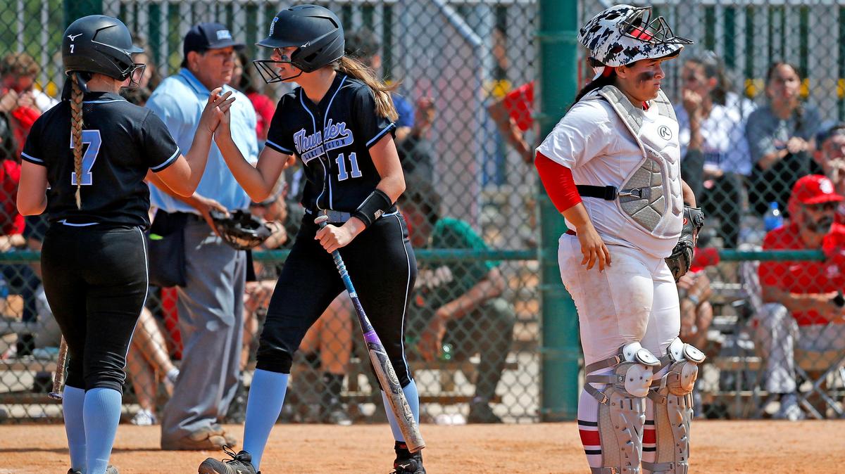 Doral’s Amanda Ramirez (25) looks on as Lake Region’s Kalee Fail (7) and Stormy Harrison (11) celebrate after scoring as Doral Academy plays Lake Region at Jackie Robinson Training Complex in Vero Beach on Thursday, May 23, 2019.