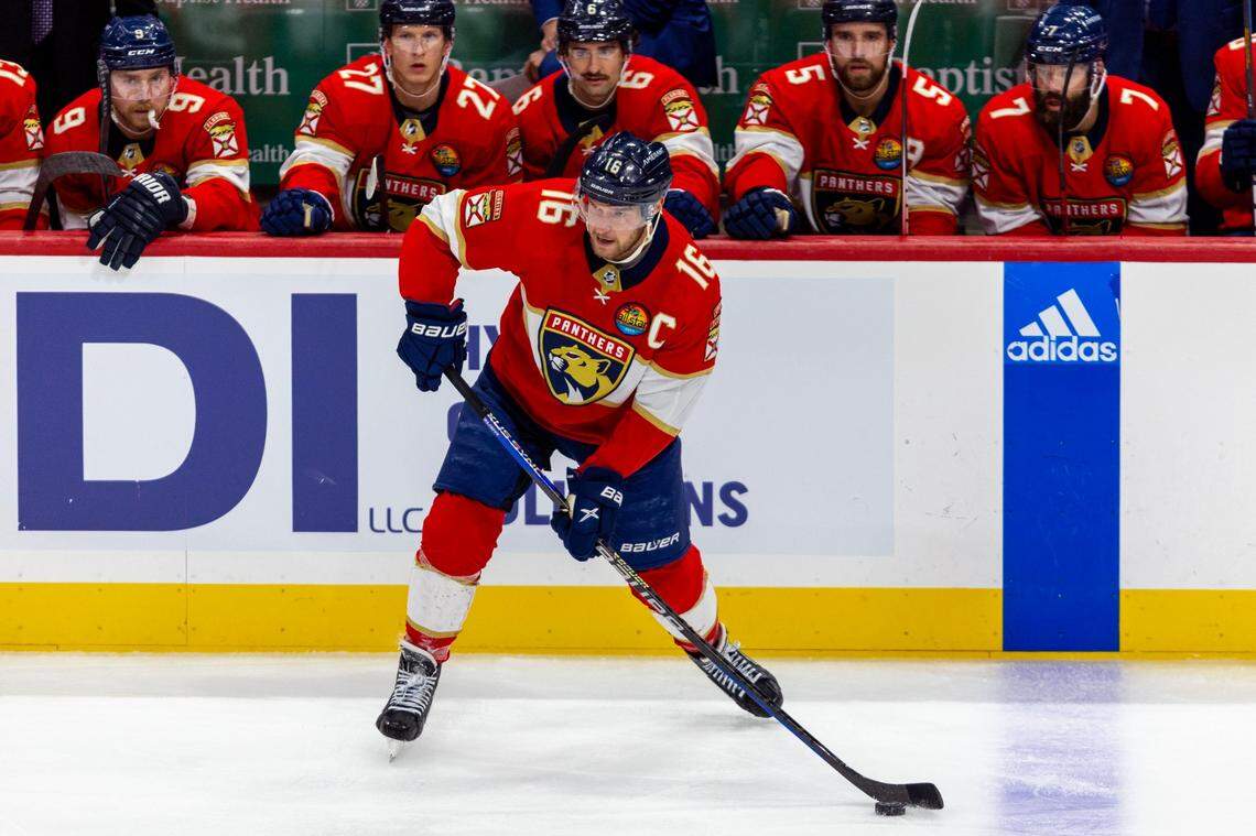 Florida Panthers center Aleksander Barkov (16) passes the puck during the third period of an NHL game against the Washington Capitals at FLA Live Arena in Sunrise, Florida, on Tuesday, November 15, 2022.