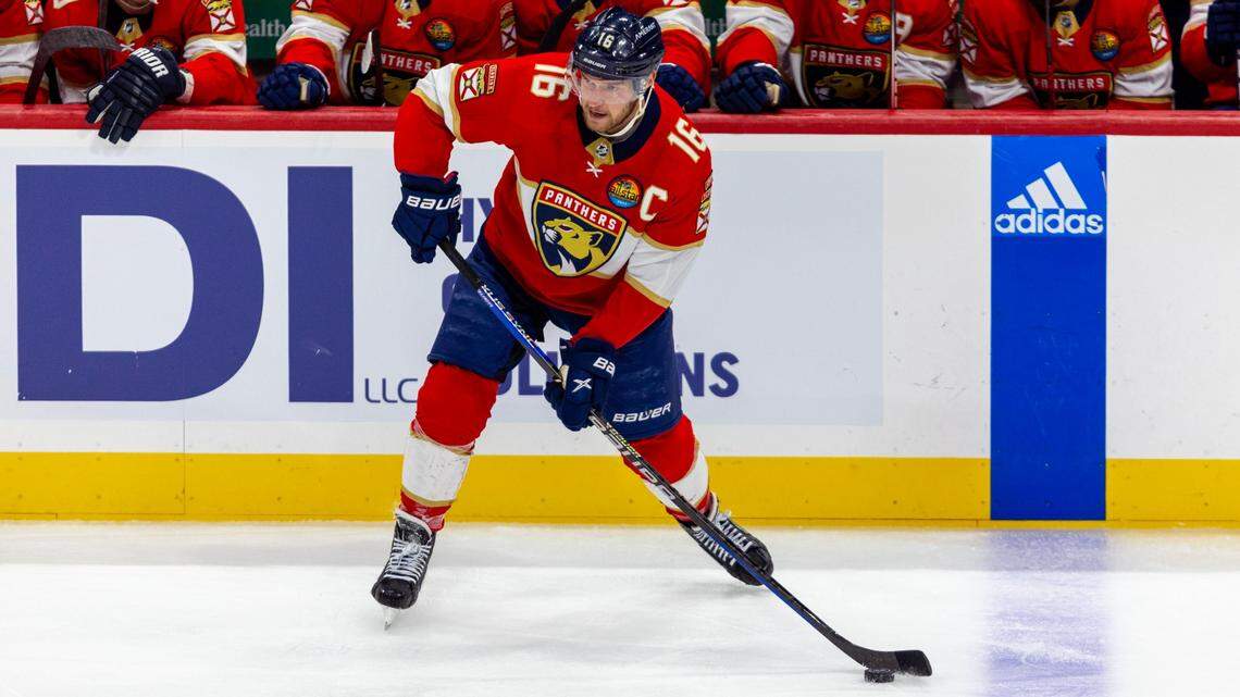 Florida Panthers center Aleksander Barkov (16) passes the puck during the third period of an NHL game against the Washington Capitals at FLA Live Arena in Sunrise, Florida, on Tuesday, November 15, 2022.