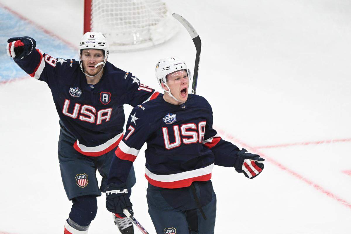Feb 20, 2025; Boston, MA, USA; Team USA forward Brady Tkachuk (7) celebrates scoring against Team Canada during the first period during the 4 Nations Face-Off ice hockey championship game at TD Garden.