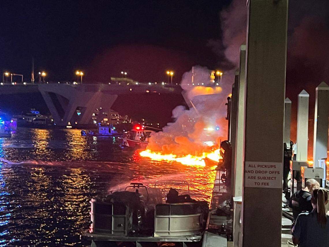Fort Lauderdale firefighters battling flames after a boat exploded at a marina on Monday, Dec. 23, 2024.