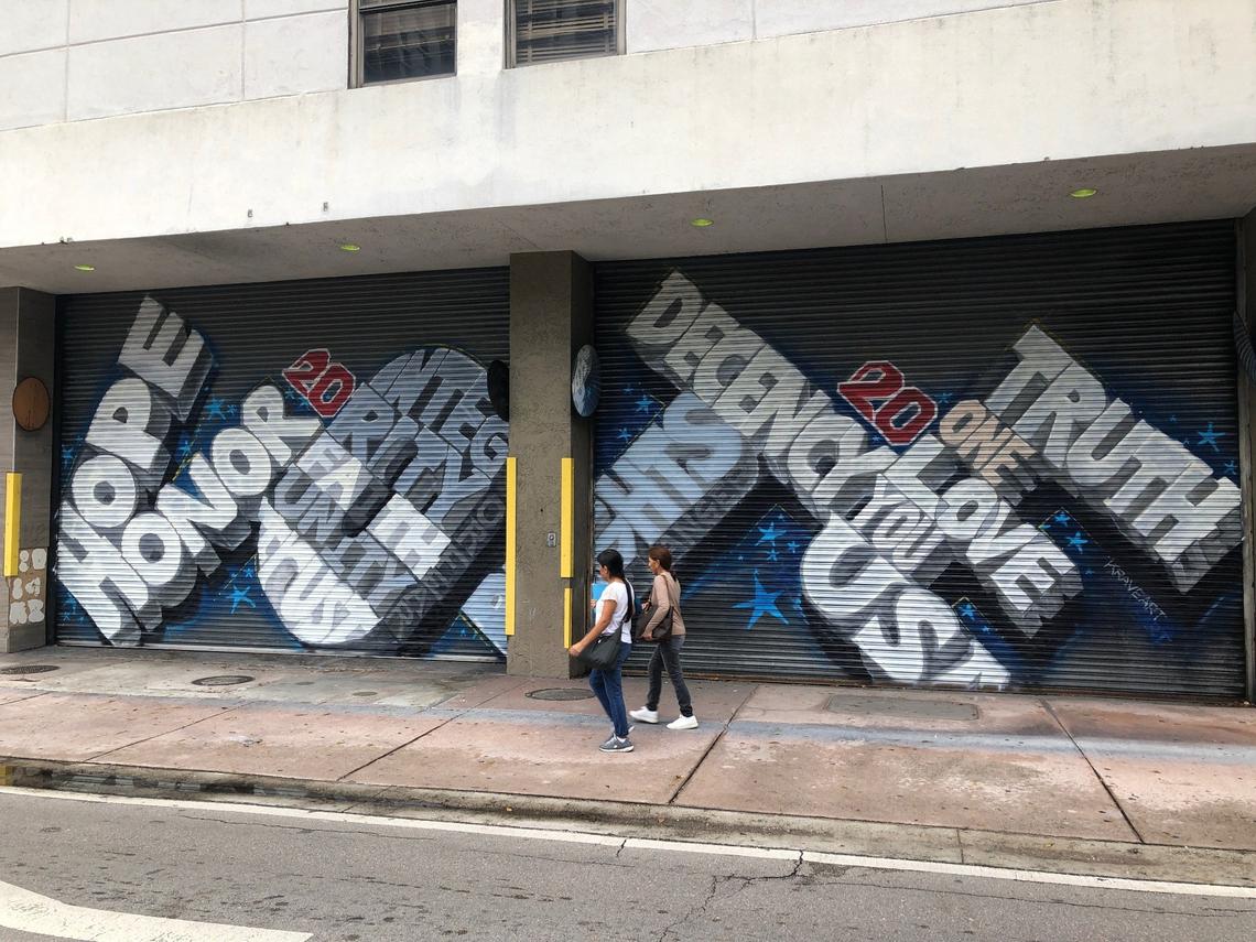 Daniel Fila’s ‘Vote 2020’ is on display at 100 E. Flagler St. for the next 12 months until the building undergoes renovations and is gutted as part of the Miami Flagler Common project.&nbsp;