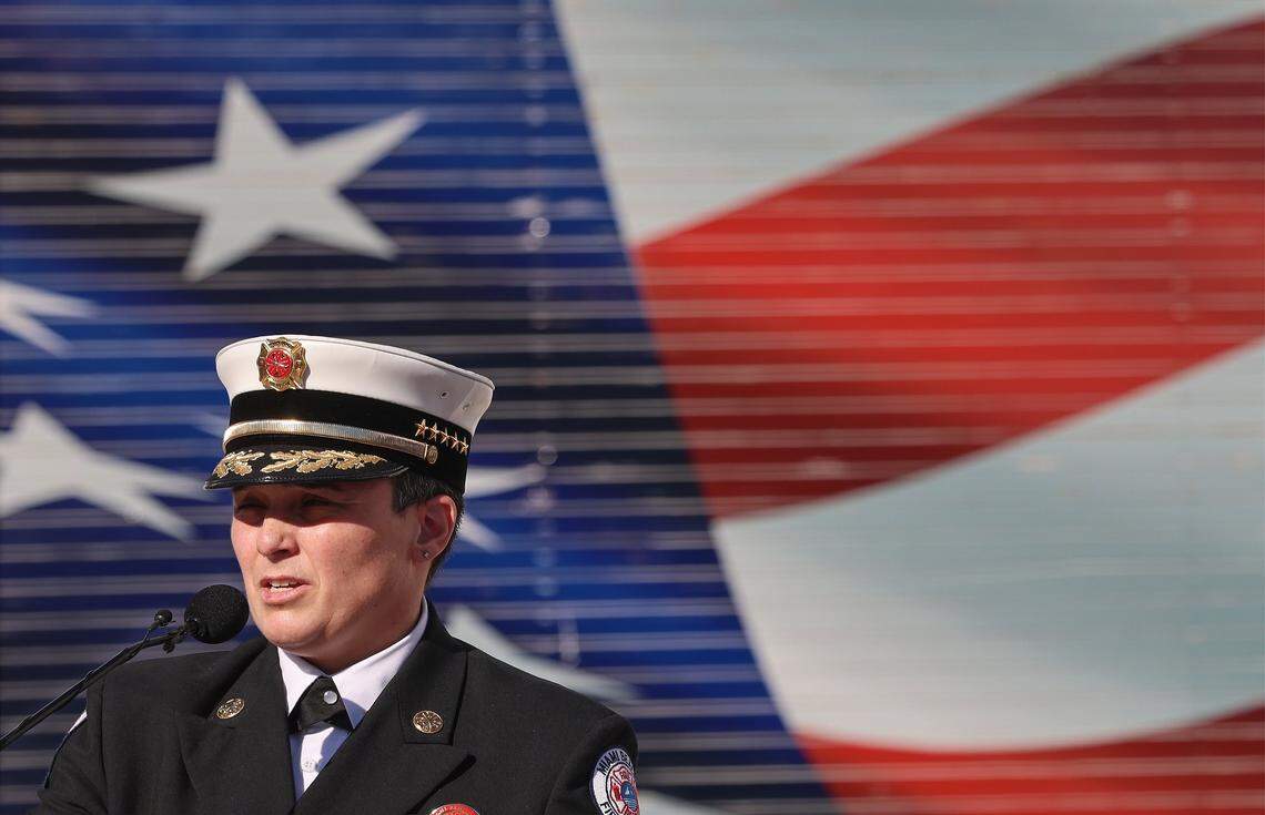 Miami Beach Fire Chief Digna Abello speaks at a memorial ceremony in South Beach on Sept. 11, 2025.
