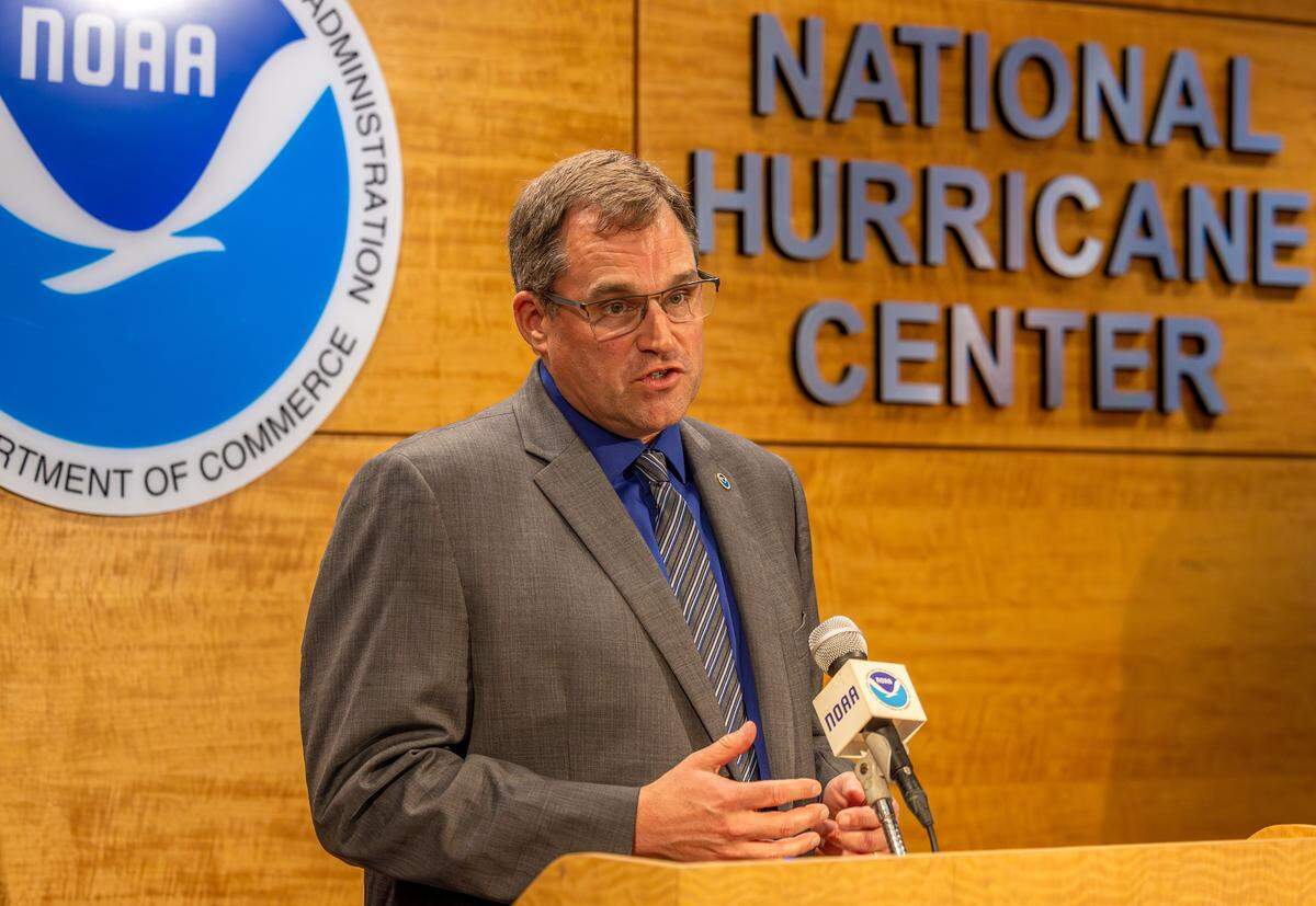 Dr. Michael Brennan, director of the National Hurricane Center, speaks about hurricane season preparedness during a press briefing at NOAA's National Hurricane Center in Miami, Fla., on Monday, June 1, 2026.