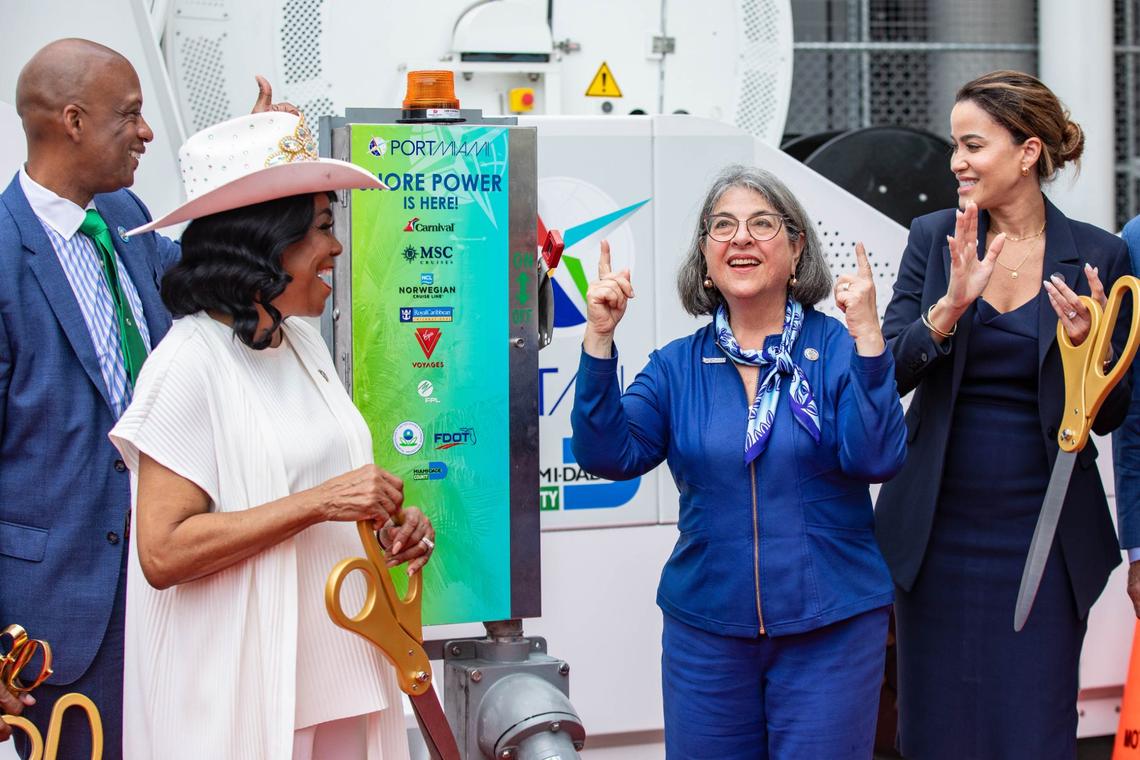 From left to right: County Commission Chairman Oliver G. Gilbert, Democratic U.S. Rep. Frederica Wilson, Miami-Dade County Mayor Daniella Levine Cava and County Commissioner Danielle Cohen Higgins react during a ribbon cutting ceremony at PortMiami on Monday, June 17, 2024 in Miami, Fla. The event officially launched shore power at PortMiami, allowing cruise shops to turn off their engines and plug into a land side electrical power while docked, resulting in reduced emissions and noise.