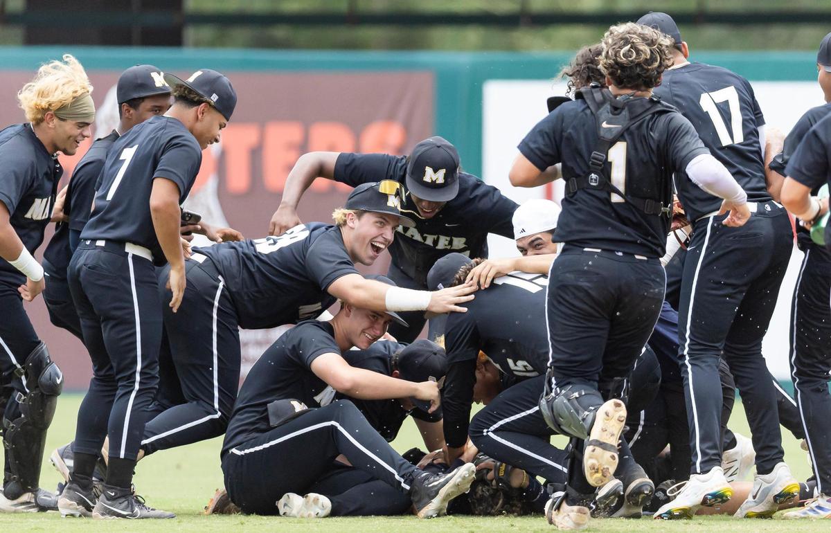 Mater Academy Charter Lions celebrate after they defeated the Wesley Chapel Wildcats in their Class 5A state baseball championship game at Hammond Stadium on Saturday, May 17, 2025, in Fort Myers, Fla.