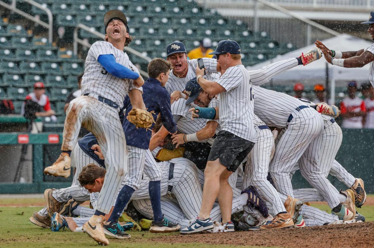 North Broward Prep Eagles celebrate on the pitchers mound after defeating the Westminster Christian School Warriors in the the FHSAA Baseball Class 3A State Final at Hammond Stadium in Fort Myers, Florida on Wednesday, May 22, 2024.