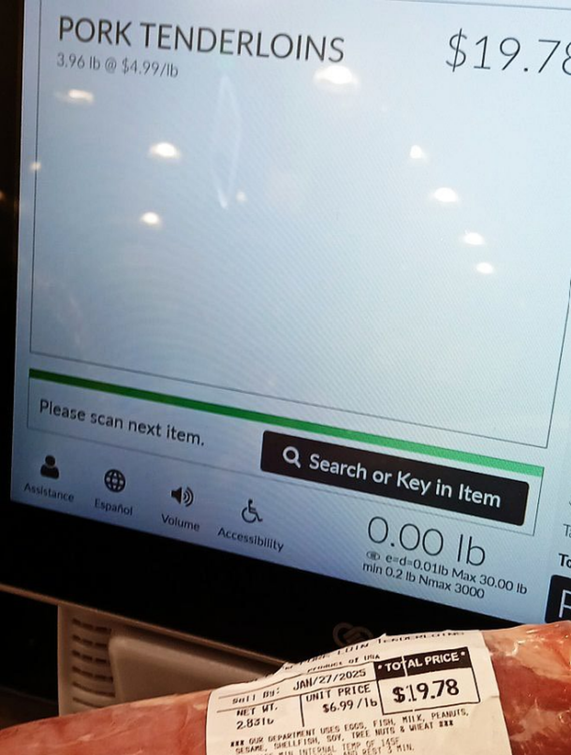 Wendy Koutouzis’ lawsuit against Publix says this self-checkout screen shows the 2.83-pound pork tenderloin, $19.78 at the regular price, being measured at 3.96 pounds, thus eliminating any savings from the sale price.