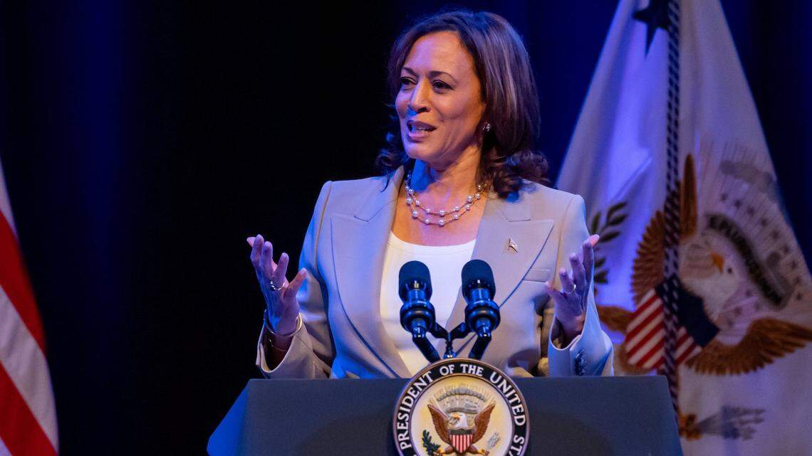 Vice President Kamala Harris talks about Florida’s new teaching stdanrds for history during a talk Friday at Jacksonville’s Ritz Theatre and Museum.