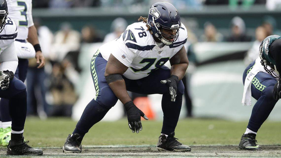 Seattle Seahawks guard D.J. Fluker in action during an NFL football game against the Philadelphia Eagles, Sunday, Nov. 24, 2019, in Philadelphia.