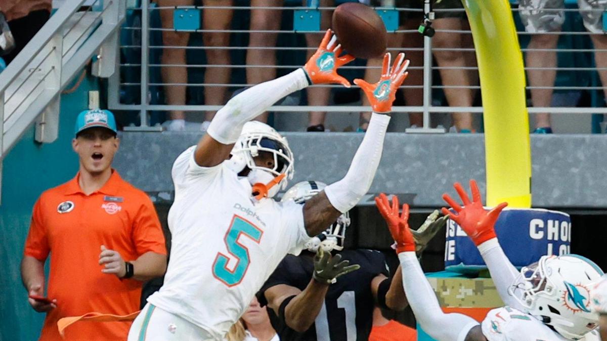 Miami Dolphins cornerback Jalen Ramsey (5) intercepts the pass by Las Vegas Raiders quarterback Aidan O’Connell (4) late in the fourth quarter at Hard Rock Stadium in Miami Gardens on Sunday, November 19, 2023.