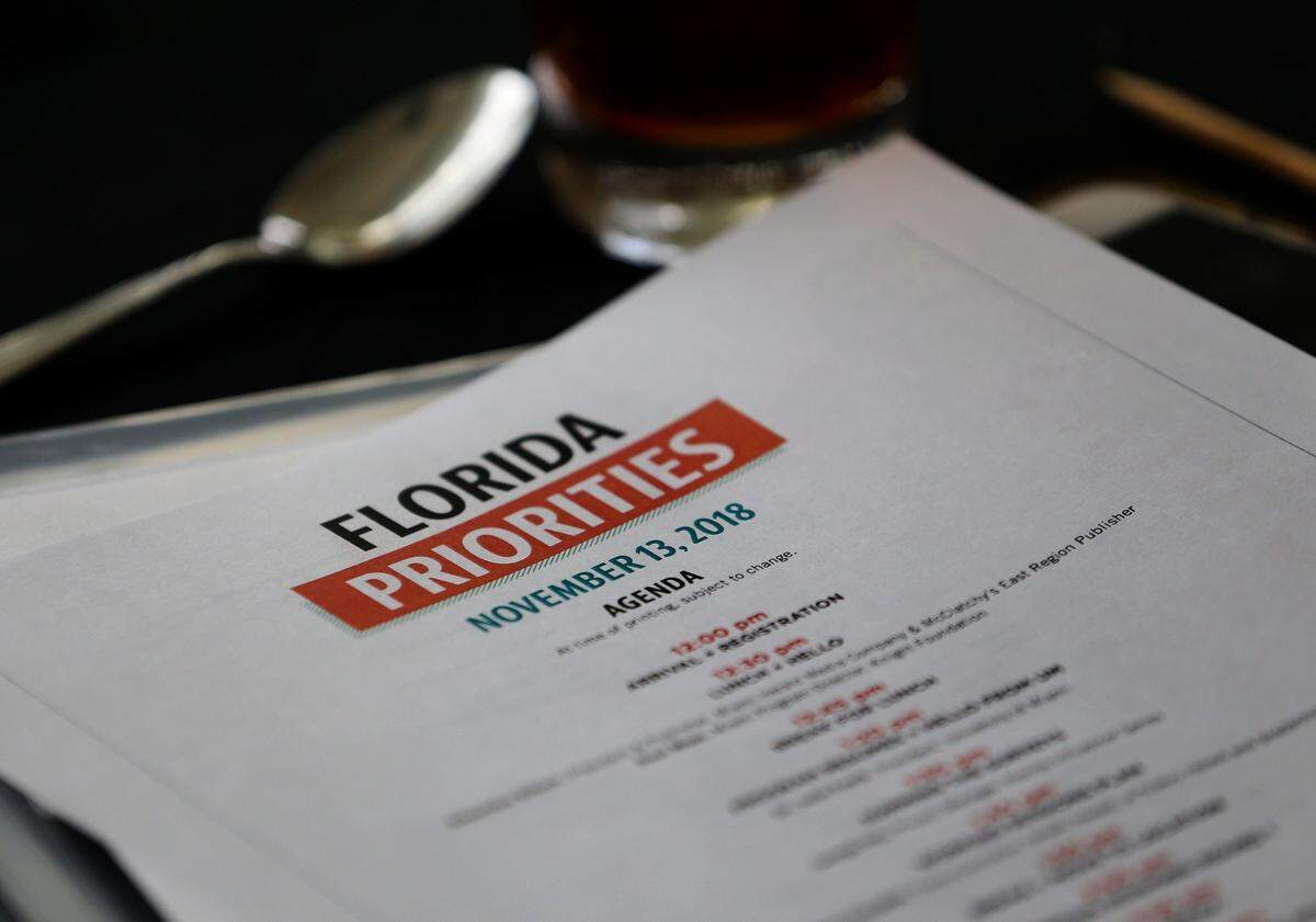 The agenda for the Florida Priorities Summit on Tuesday at the University of Miami.  The Florida Influencer Series is the beginning of a conversation among the state’s leaders, decision makers and voters to put a sharp focus on a shared vision for Florida. The Influencers are focused on five key areas: education, healthcare, environment, infrastructure and guns.
