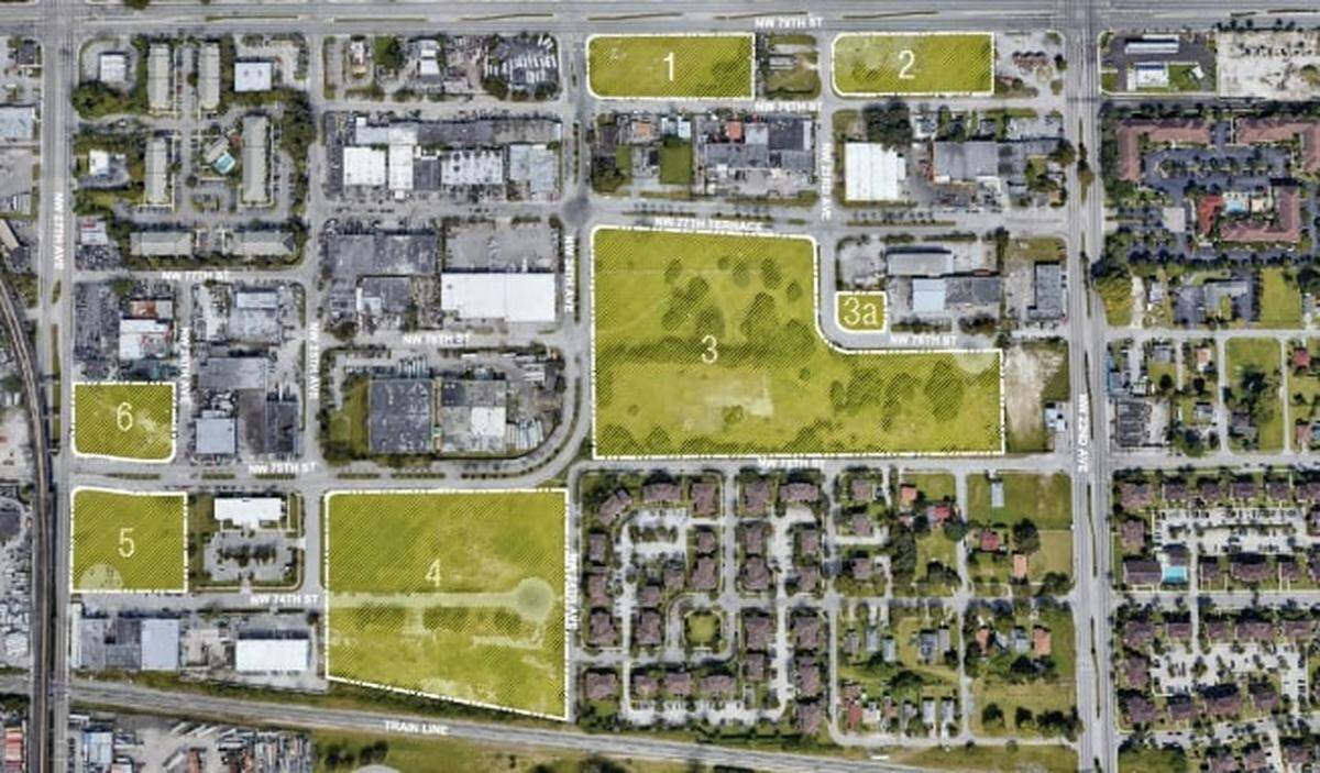 An aerial view of the lots owned by Miami-Dade County that make up the Poinciana industrial site, a collection of vacant property long targeted for economic development in Liberty City. This image comes from a proposal from the Swerdlow Group and partners, one of two entities pursuing the Poinciana properties.