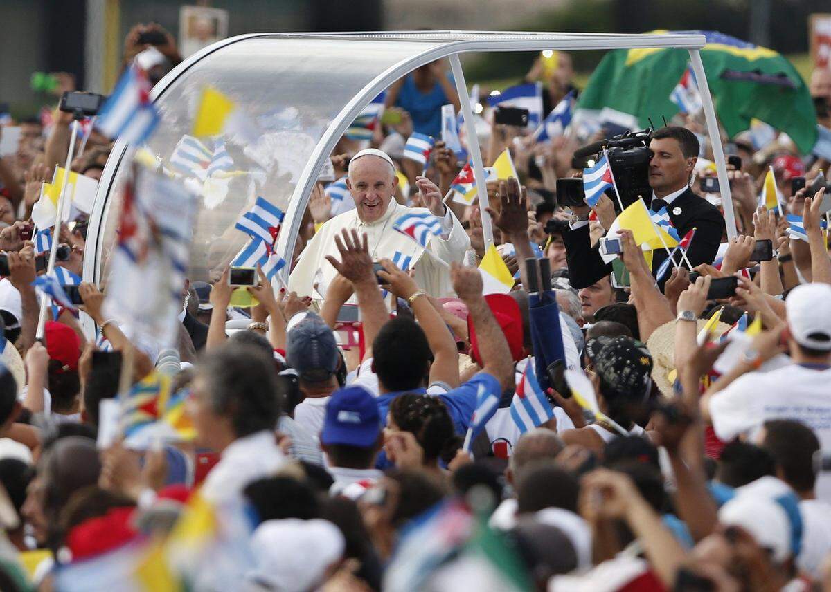 Pope Francis arrives in his Pope mobile to officiate Mass at the Plaza de la Revolucion in Havana during a landmark visit there in 2015.
