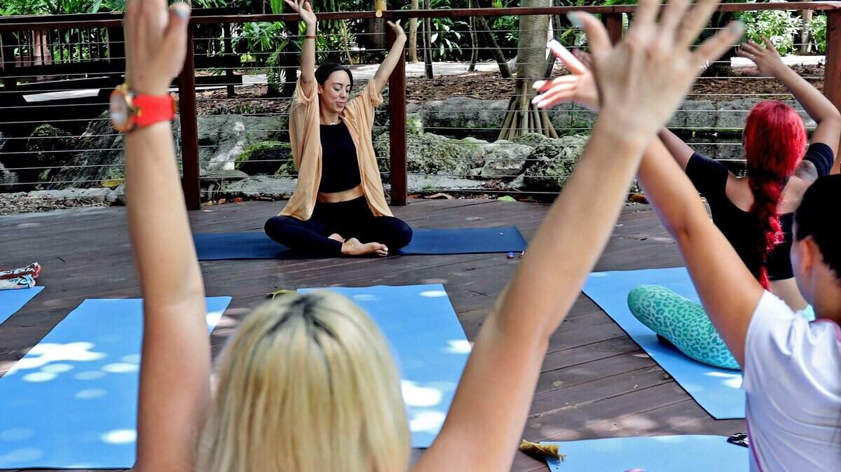 Exhale yoga teacher, Leilanie Paz, center, leads fitness enthusiasts in stretching and breathing exercise at a Jungle Island yoga event in August. By practicing yoga and meditation, along with eating healthy and boosting your aerobic exercise levels, you can reduce some of your risks for getting Alzheimer’s disease.