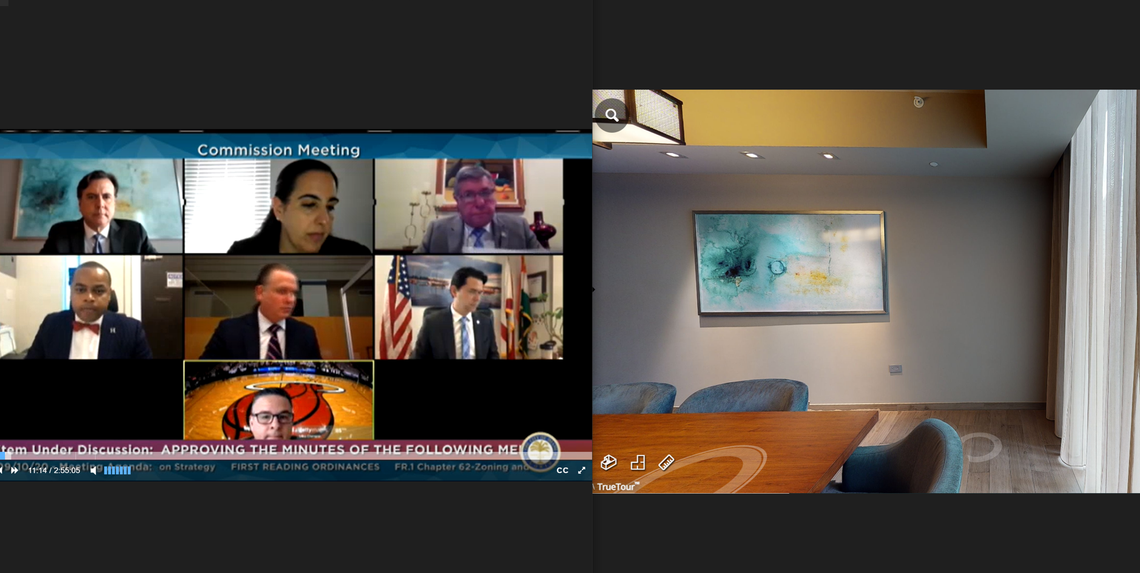 On the left: Alex Díaz de la Portilla (top left corner) joins a virtual City Commission meeting on Sept. 10, 2020. On the right: a screenshot from a virtual tour of the East Miami hotel’s “workshop residence suite.”
