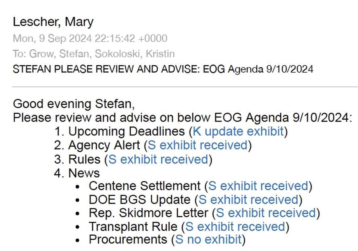An Agency for Health Care Administration employee is directed to review the Sept. 5 draft of the Centene Medicaid settlement in preparation for a meeting with the governor’s office on Sept. 10, 2024.