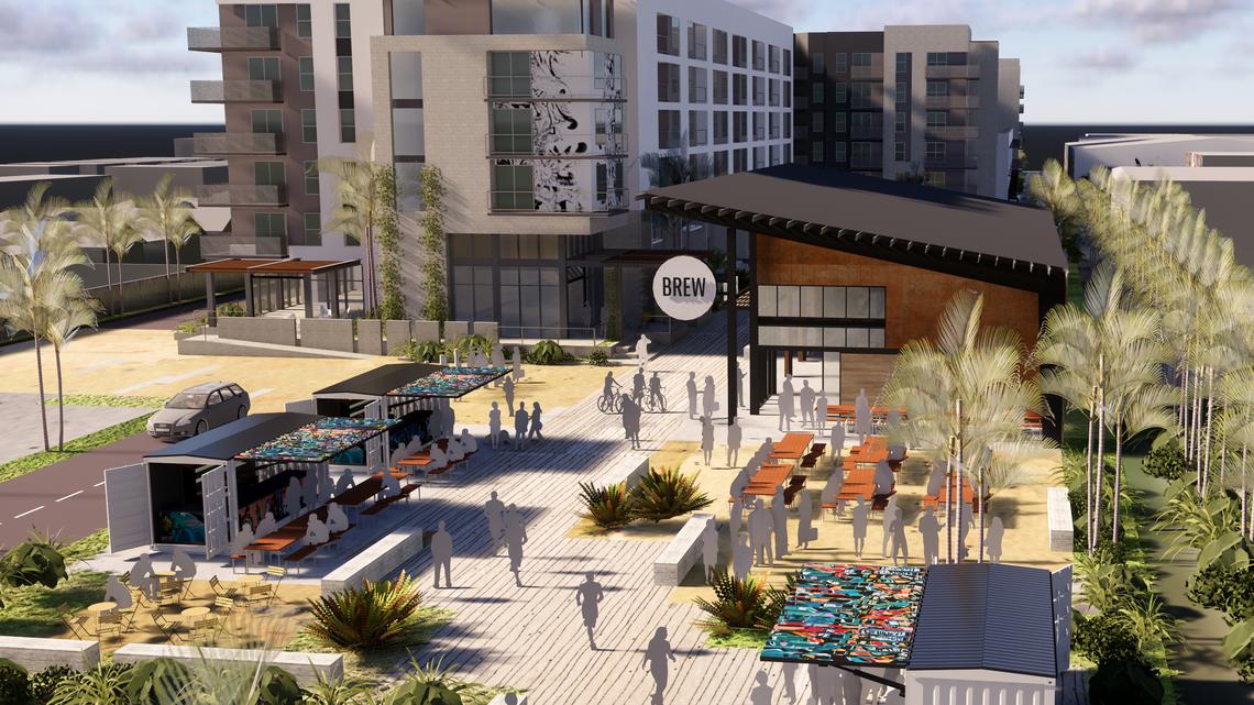 This architectural rendering shows the Ludlam Trail as it weaves across a planned retail-lined plaza and along a new apartment building at a development “node” on the south side of Bird Road.
