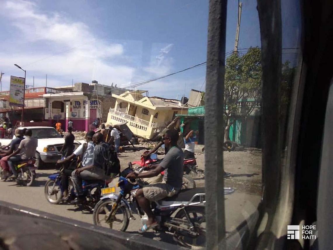 Scene in Les Cayes in Southwest Haiti after an earthquake struck on Saturday, Aug. 14, 2021.