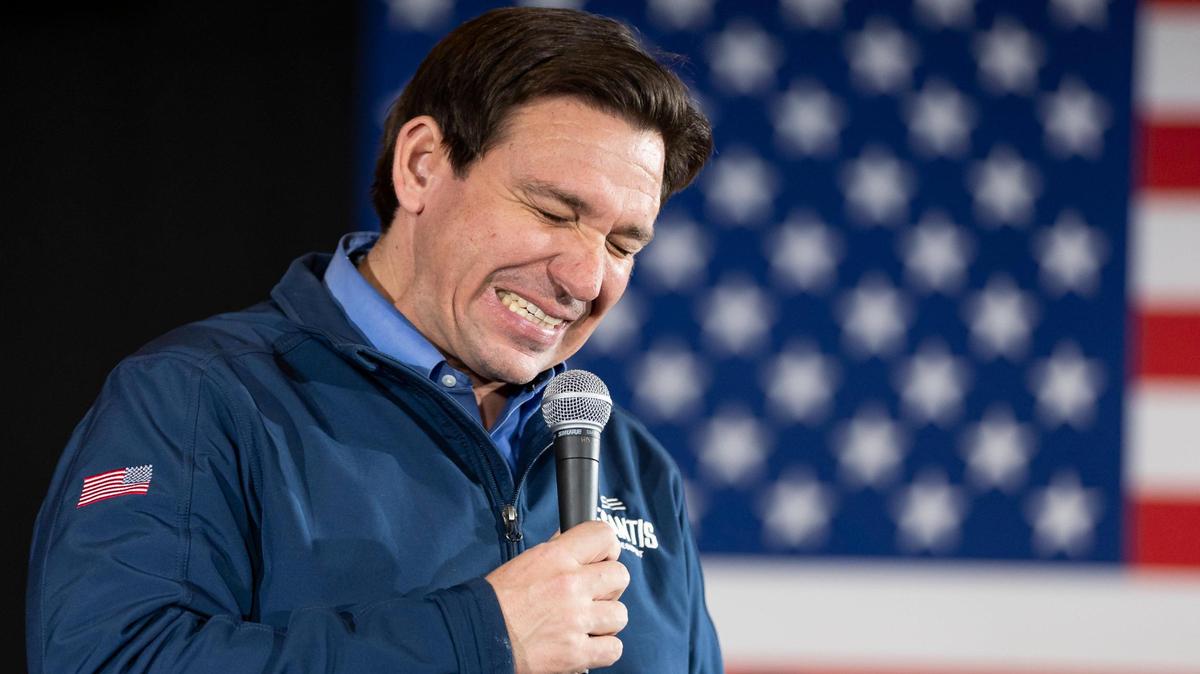 Florida Governor Ron DeSantis reacts while speaking during a town hall at the LaBelle Winery on Tuesday, Jan. 17, 2024, in Derry, New Hampshire. He suspended his presidential campaign on Sunday.