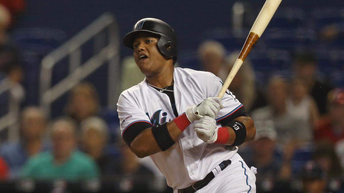 Miami Marlins second baseman Starlin Castro hits a single during the second inning of a interleague game against the Minnesota Twins at Marlins Park in Miami on Thursday, Aug. 1, 2019.
