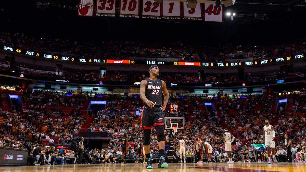 Miami Heat forward Jimmy Butler (22) walks down court during the first half of an NBA game against the Cavaliers at Kaseya Center in Miami, Florida, on Sunday, March 24, 2024.