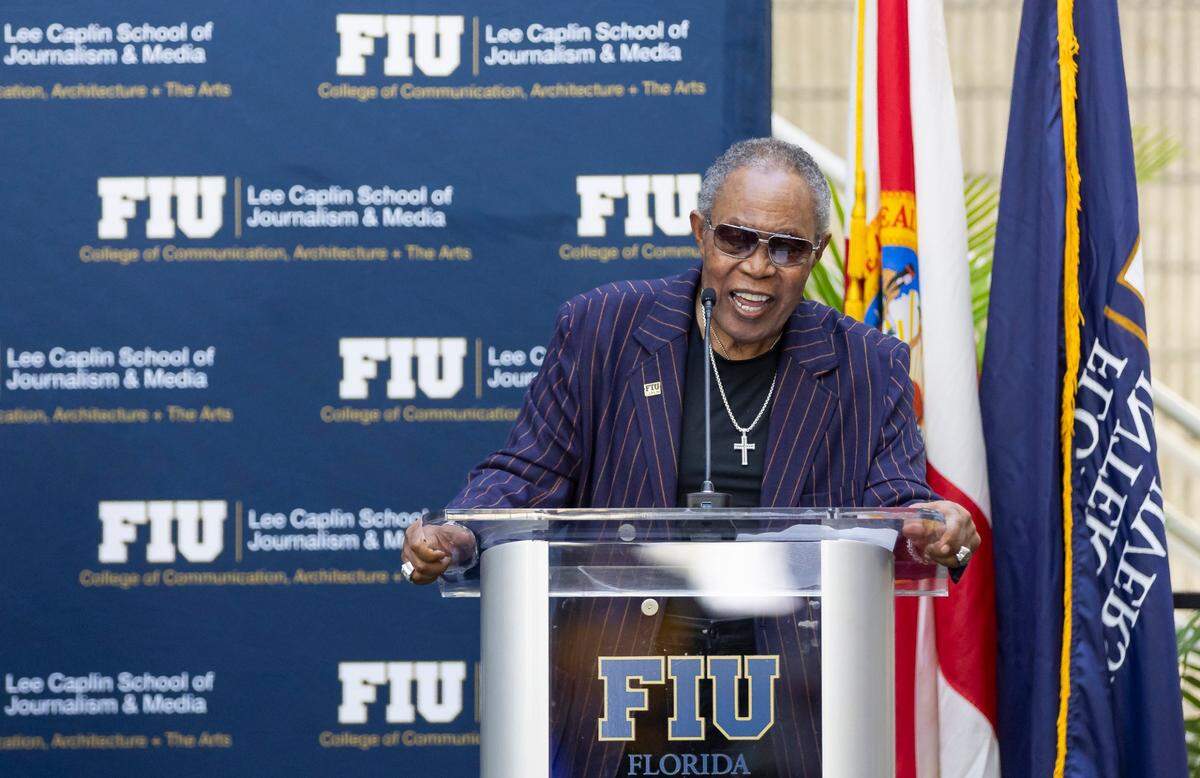 American singer Sam Moore speaks during a ribbon-cutting ceremony at Florida International University Biscayne Bay Campus on Friday, Nov. 17, 2023, in North Miami, Fla. The ceremony was held to officially unveil the Lee Caplin School of Journalism & Media, the iSTAR Volumetric Capture Studio and the Sam Moore: The Legendary Soul Man Theatre.