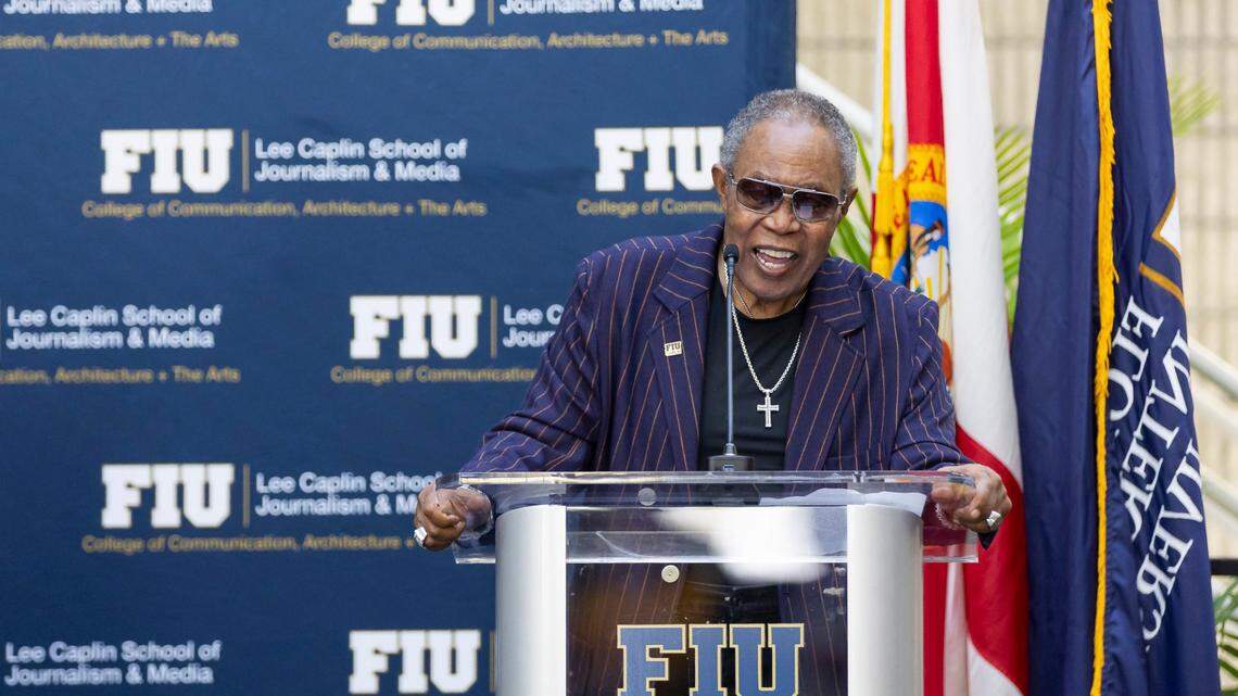 American singer Sam Moore speaks during a ribbon-cutting ceremony at Florida International University Biscayne Bay Campus on Friday, Nov. 17, 2023, in North Miami, Fla. The ceremony was held to officially unveil the Lee Caplin School of Journalism & Media, the iSTAR Volumetric Capture Studio and the Sam Moore: The Legendary Soul Man Theatre.