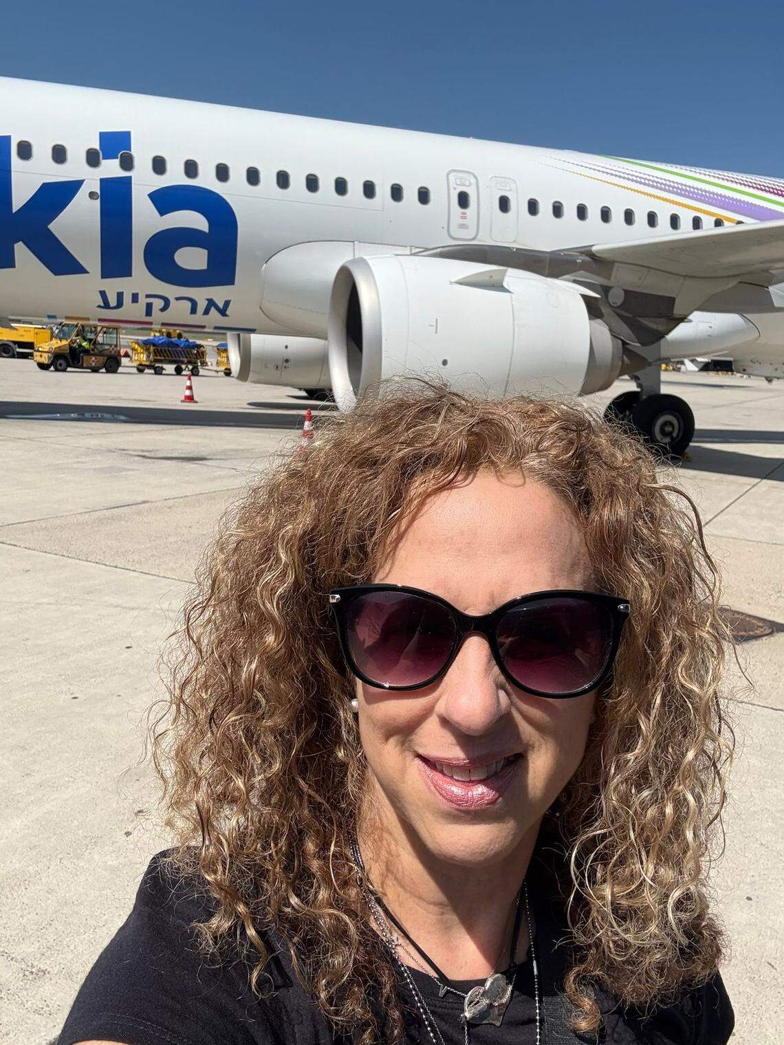 Dahlia Bendavid, 59, poses for a selfie after landing in Vienna from Israel.