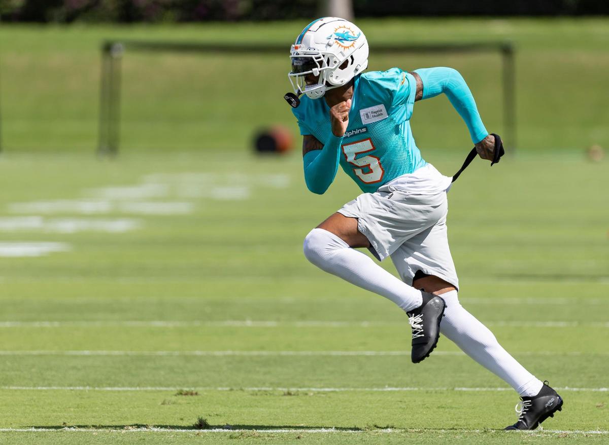 Miami Dolphins cornerback Jalen Ramsey (5) runs drills during team practice at the Baptist Health Training Complex on Wednesday, Oct. 18, 2023 in Miami Gardens, Fla.