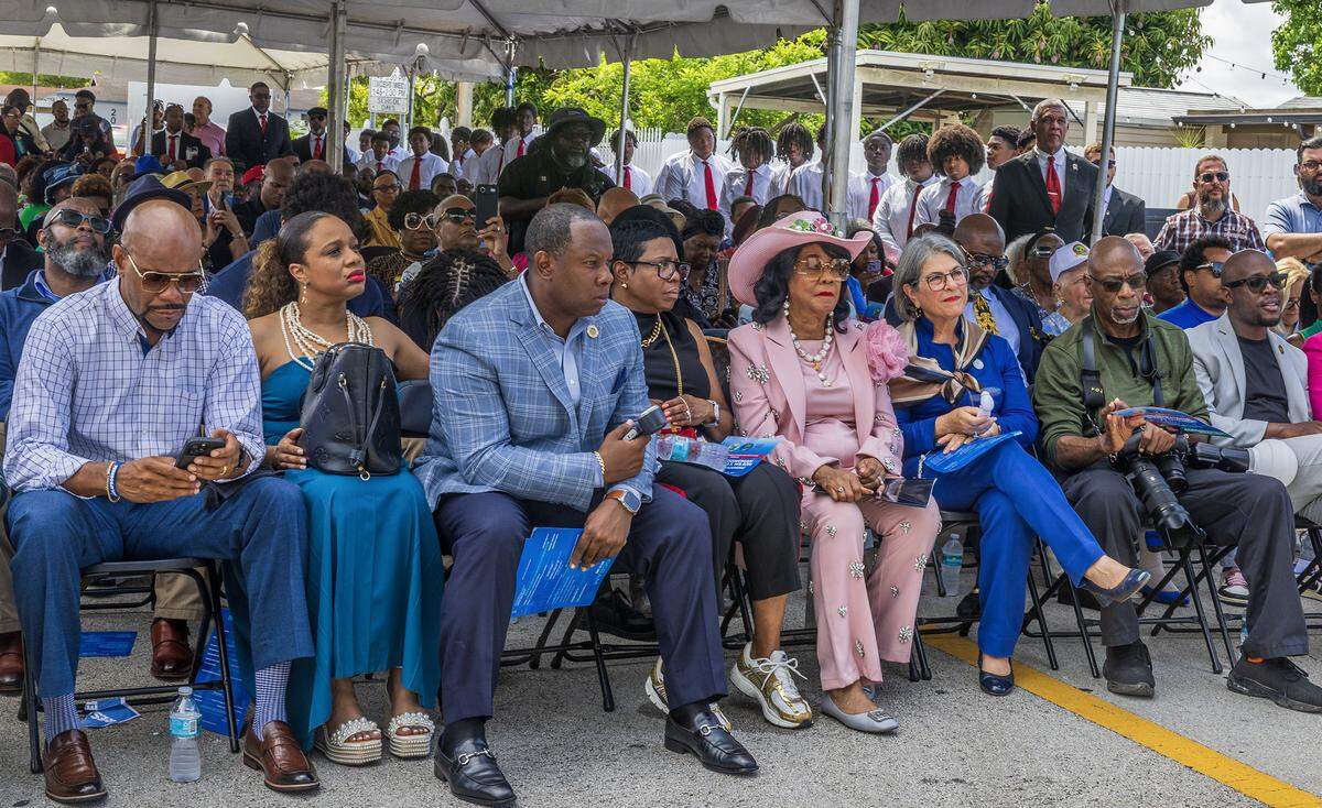 A group of dignitaries, family members and elected officials joined U.S. Rep. Frederica Wilson as she announced that she will not be seeking re-election in the midterm election, during a street naming event next to the Dr. Frederica S. Wilson/Skyway Elementary School in Miami Gardens, in recognition of her decades of service to South Florida, on Friday, May 29, 2026.
