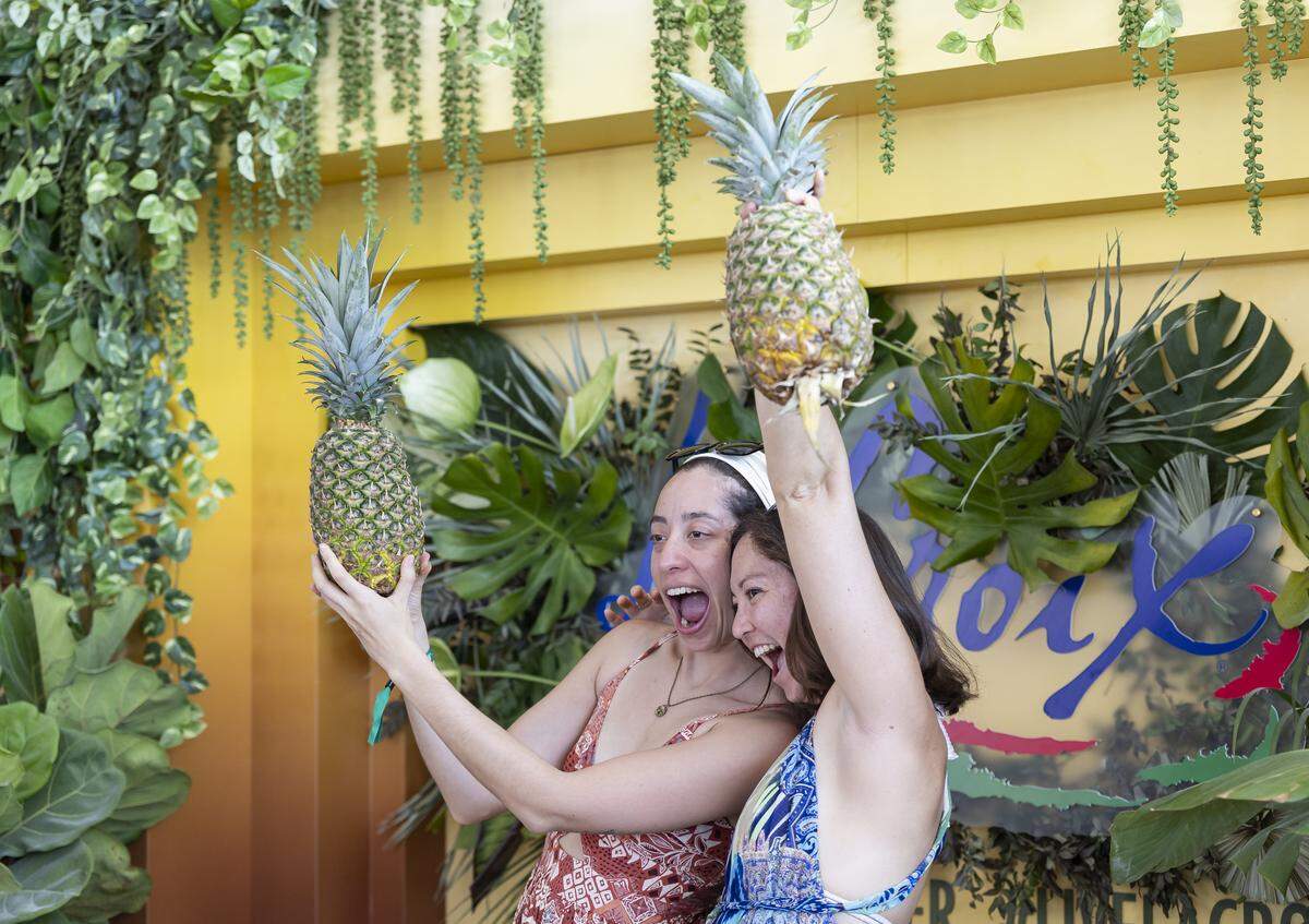 Stefany Baron, left, and Sarah Wright, pose with pineapples as they attend the Goya Foods' Grand Tasting Village during the Food Network South Beach Wine & Food Festival on Saturday, Feb. 21, 2026, in Miami Beach, Fla.