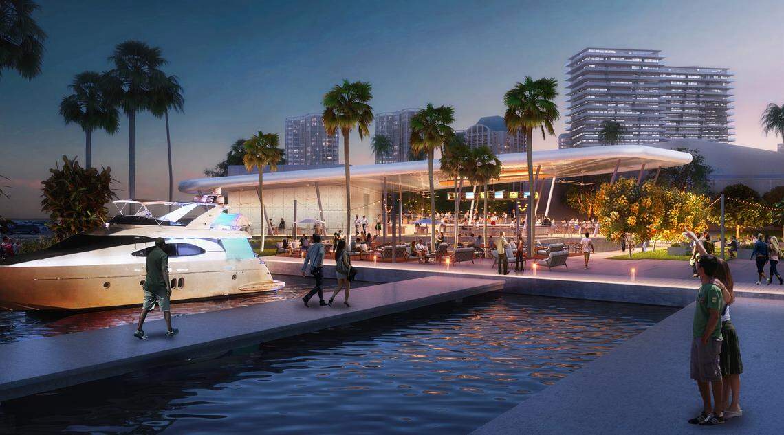 An architectural rendering shows the planned new open-air, casual dining spot that will replace the old Scotty’s Landing as part of the larger Regatta Harbour project on the Coconut Grove waterfront.