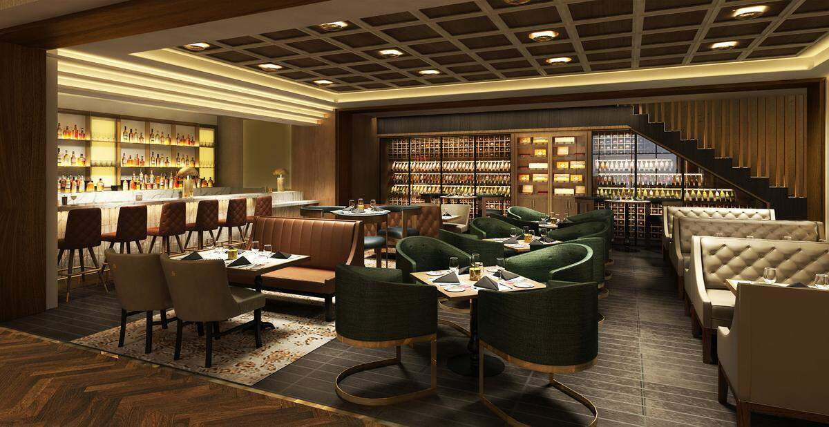 En el Next Level Lounge, que forma parte de Fogo de Chão, los clientes pueden sentarse en la barra, en una mesa o en una cabina y disfrutar de whisky y bourbon de primera calidad, así como de vinos sudamericanos.