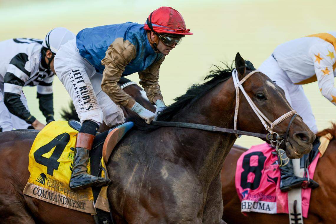 Commandment (4) ridden by jockey Flavien Prat wins the 75th Curlin Florida Derby race at Gulfstream Park on March 28, 2026, in Hallandale, Florida.