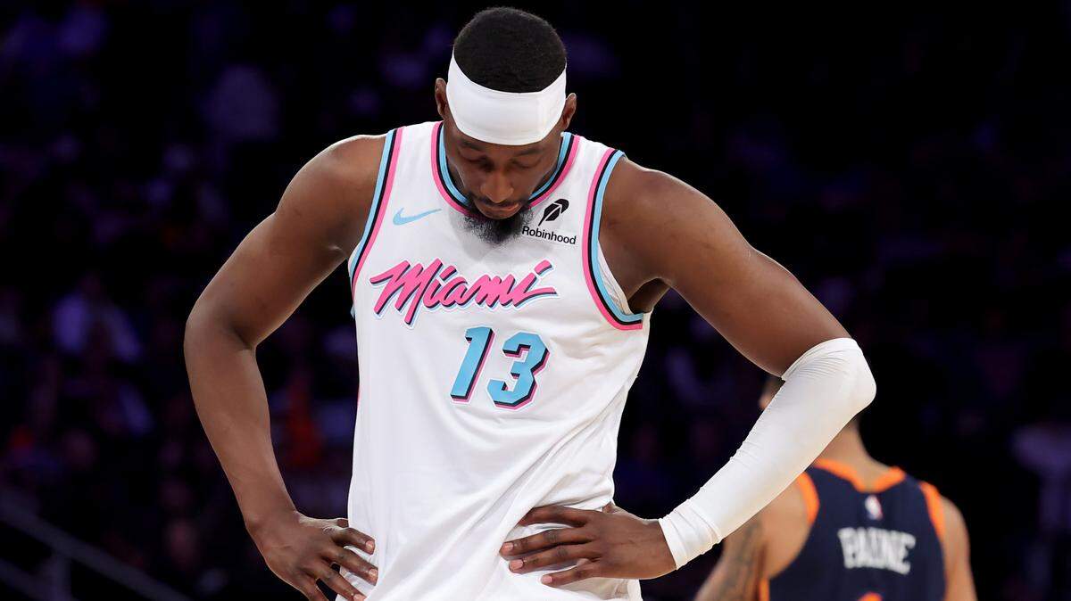 Miami Heat center Bam Adebayo (13) reacts during the fourth quarter against the New York Knicks at Madison Square Garden.