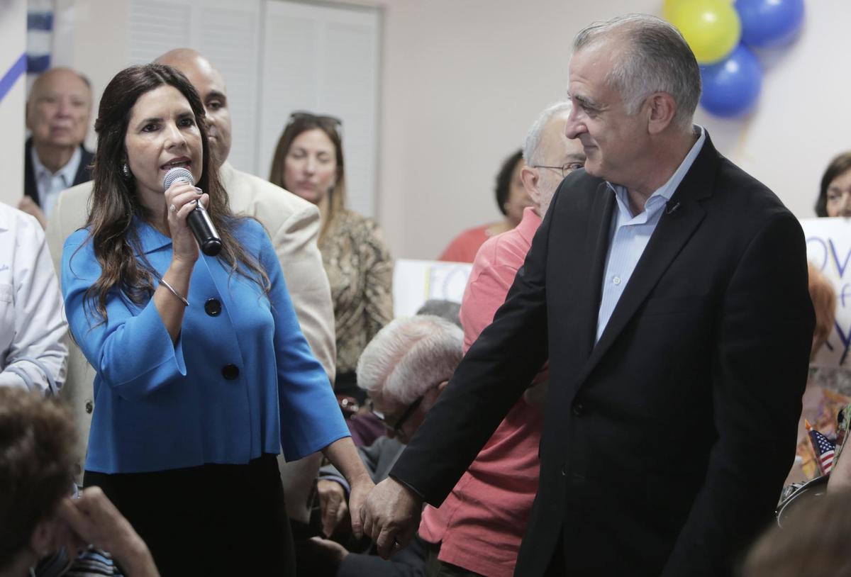 Miami Florida, Sept 30, 2019- Commissioner Esteban “Steve” Bovo (right), listens to his wife Viviana introduce him to supporters gathered at Casa Marina Restaurant in Hialeah where he announced his candidacy for Miami-Dade County mayor in 2020.