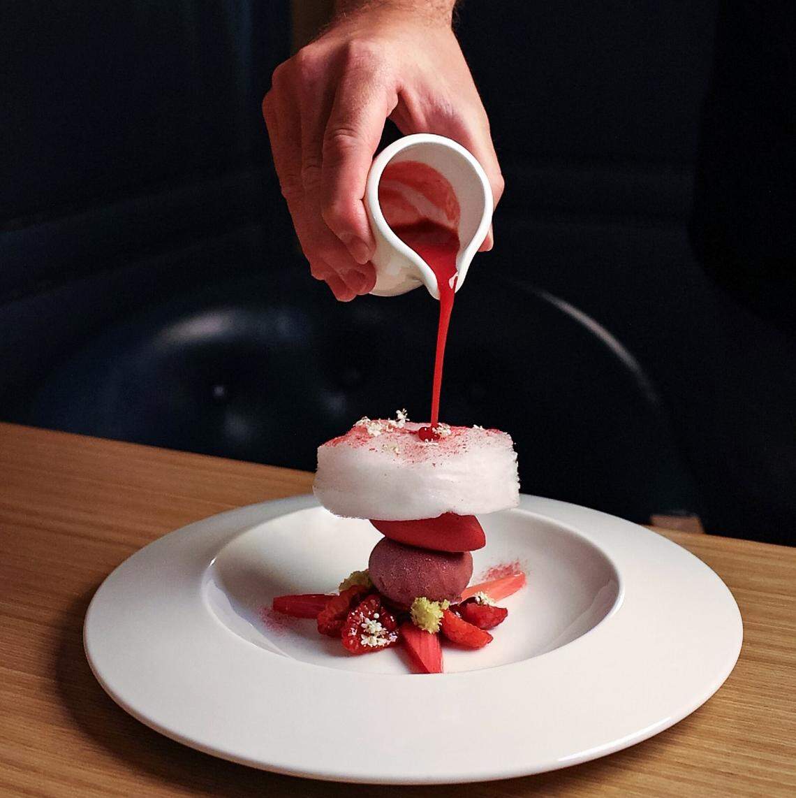 Dessert — rhubarb, raspberry and elderflower — at Tambourine Room in Miami Beach.