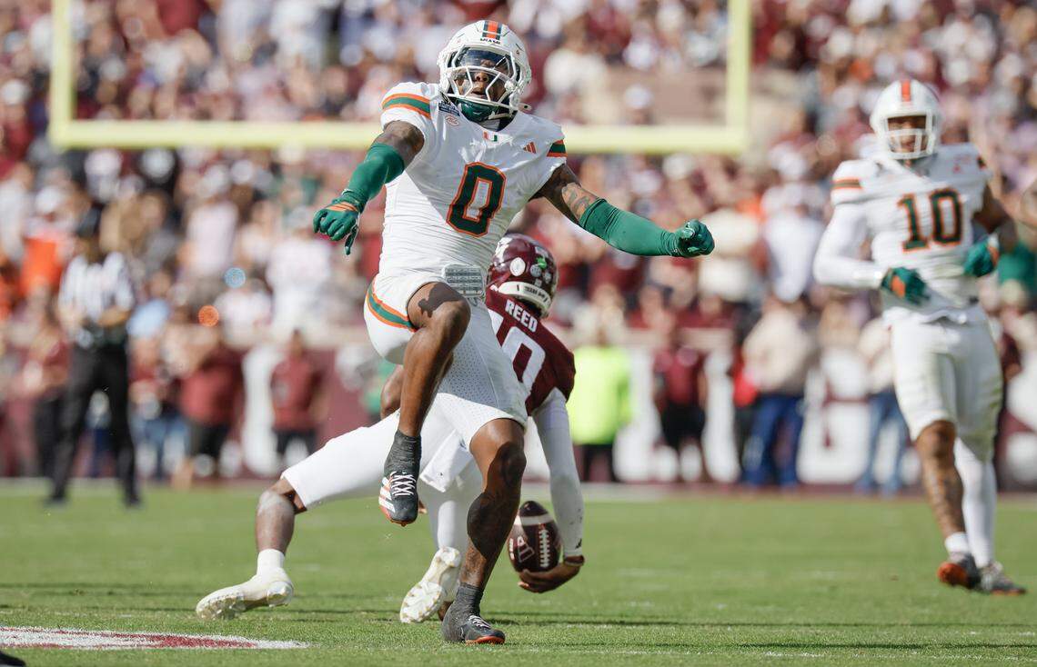 Miami Hurricanes defensive back Keionte Scott (0) reacts after sacking Texas A&M Aggies quarterback Marcel Reed (10) in the second half of the first round of the 2025 College Football Playoff at Kyle Field at College Station, Texas, on Saturday, December 20, 2025.