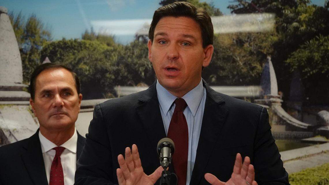 Florida Gov. Ron DeSantis speaks during a news conference in West Palm Beach on Jan. 6, 2022.