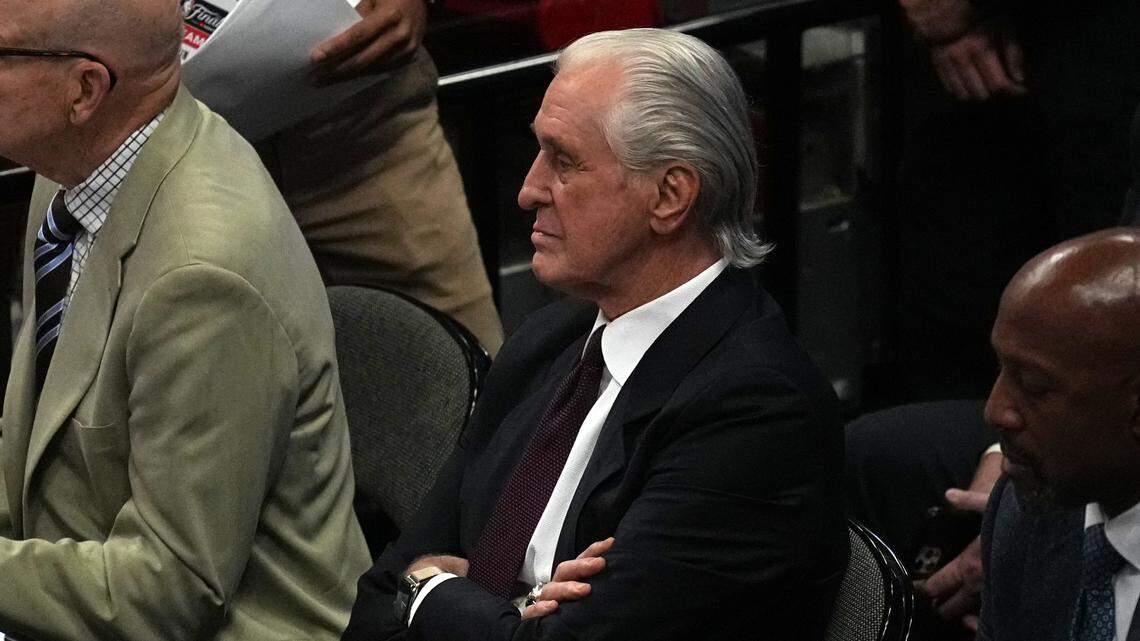 Miami Heat president Pat Riley looks on during the second half in game four of the 2023 NBA Finals against the Denver Nuggets at Kaseya Center.